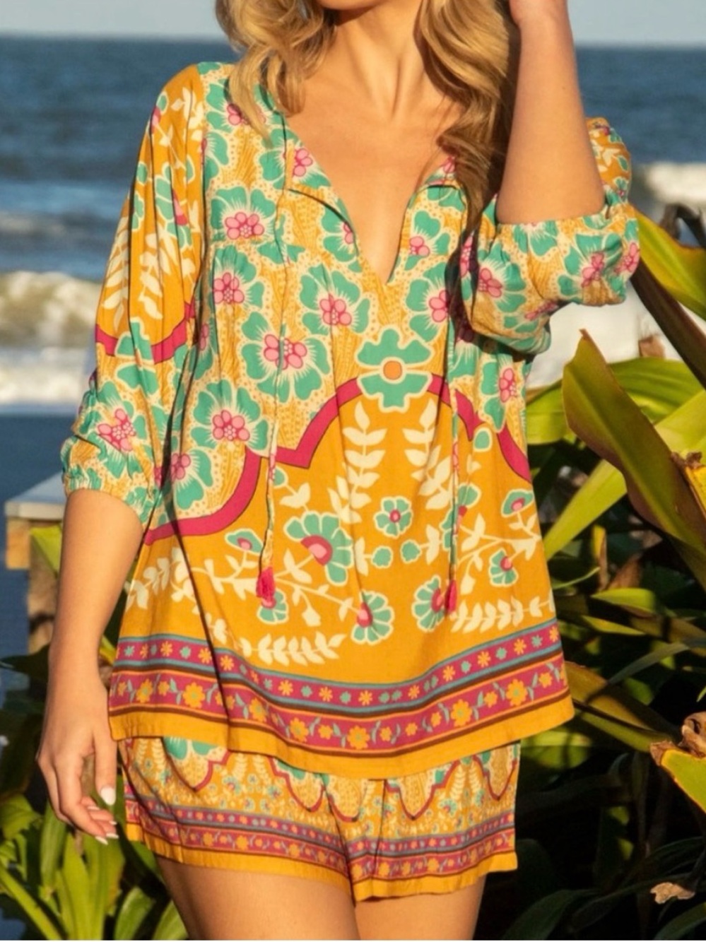 Natural Life Maribel Boho Floral Top & Shorts Co-Ord Set, Size Medium